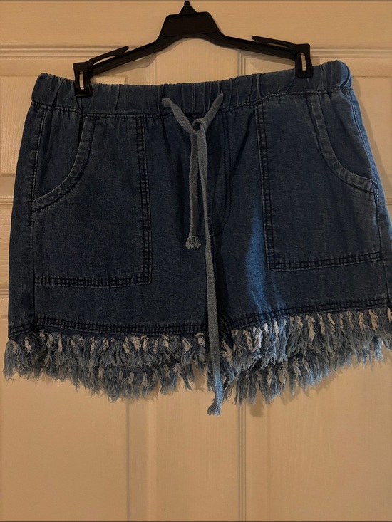 Jean’s Pants - Denim Fringe Drawstring Women's Shorts - Blue